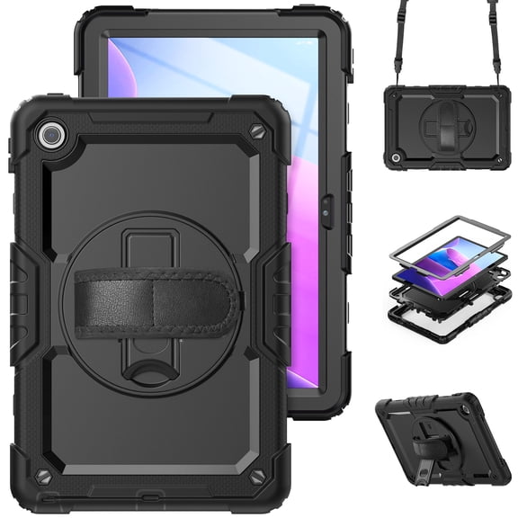 XYX for Lenovo Tab TB-311XU/K10C TB-311FU Case 10.1 inch, 360 Rotating Shockproof Cover with Stand, Screen Protector, Shoulder Strap, Black