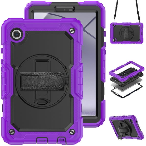 For Samsung Galaxy Tab A11 Case 8.7 inch, 360 Rotating Shockproof Cover with Stand, Screen Protector, Shoulder Strap (2025, SM-X133/X135), Purple