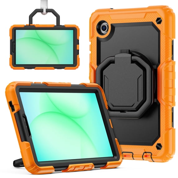 For Samsung Galaxy Tab A9 Case 8.7 inch, 360 Rotating Shockproof Cover with Stand, Handle, Shoulder Strap (2023, SM-X110/X115/X117), Orange