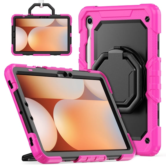 for Samsung Galaxy Tab S10 Lite/S10 FE/S9 FE/S9 Case 11 inch, 360 Rotating Shockproof Cover with Stand, Handle, Shoulder Strap (SM-X520/X510/X710), Rose