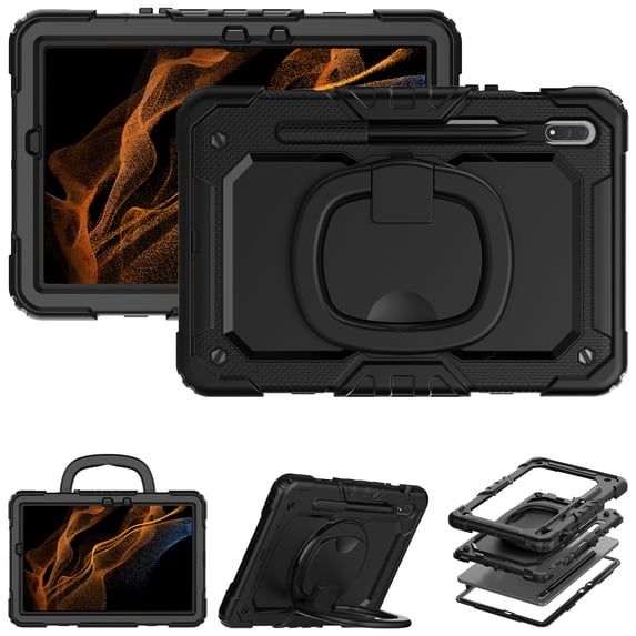 For Samsung Galaxy Tab S8/S7 Case 11 inch, 360 Rotating Shockproof Cover with Stand, Handle, Shoulder Strap (SM-X700/SM-T870), Black