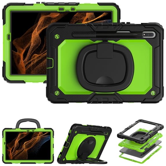 For Samsung Galaxy Tab S8/S7 Case 11 inch, 360 Rotating Shockproof Cover with Stand, Handle, Shoulder Strap (SM-X700/SM-T870), Lime