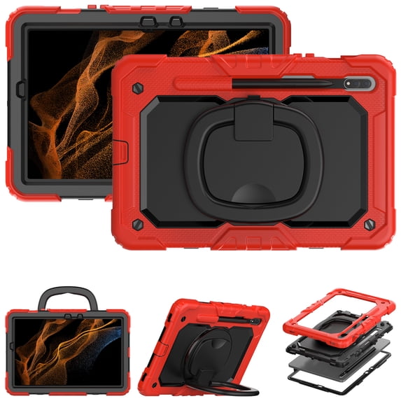 For Samsung Galaxy Tab S8/S7 Case 11 inch, 360 Rotating Shockproof Cover with Stand, Handle, Shoulder Strap (SM-X700/SM-T870), Red