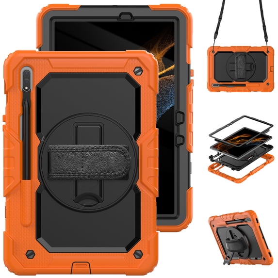 For Samsung Galaxy Tab S8/S7 Case 11 inch, 360 Rotating Shockproof Cover with Stand, Screen Protector, Shoulder Strap (SM-X700/SM-T870), Orange
