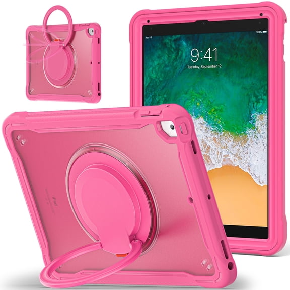 XYX For iPad 6th 2018/5th Gen 2017 Case 9.7 inch, 360 Rotating Hand Grip, Shoulder Strap, Heavy Duty Drop Protection, Rose