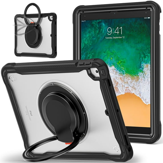 XYX For iPad 6th 2018/5th Gen 2017 Case 9.7 inch, 360 Rotating Hand Grip, Shoulder Strap, Heavy Duty Drop Protection, Transparent