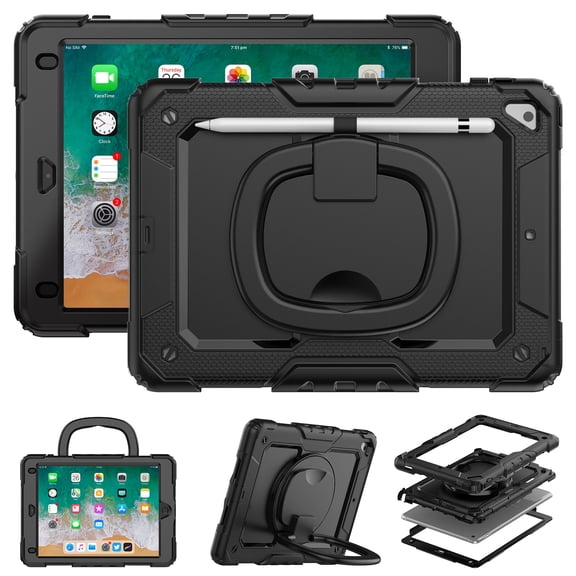 For iPad 6th/5th Generation Case 9.7 inch 2018/2017, 360 Rotating Shockproof Cover with Stand, Handle, Shoulder Strap, Black