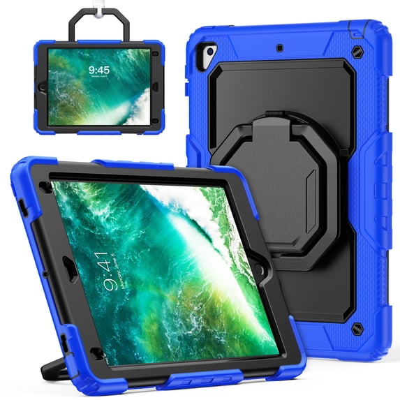for iPad 6th/5th Generation Case 9.7 inch 2018/2017, 360 Rotating Shockproof Cover with Stand, Handle, Shoulder Strap, Blue