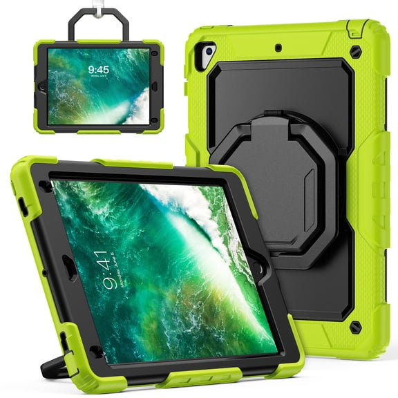 for iPad 6th/5th Generation Case 9.7 inch 2018/2017, 360 Rotating Shockproof Cover with Stand, Handle, Shoulder Strap, Lime
