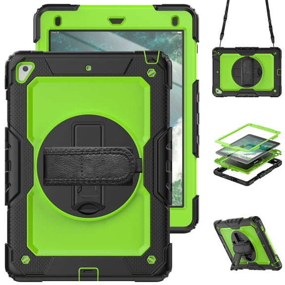 For iPad 6th/5th Generation Case 9.7 inch 2018/2017, 360 Rotating Shockproof Cover with Stand, Screen Protector, Shoulder Strap, Lime PC