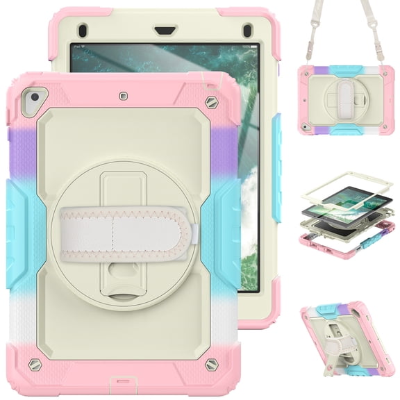 For iPad 6th/5th Generation Case 9.7 inch 2018/2017, 360 Rotating Shockproof Cover with Stand, Screen Protector, Shoulder Strap, Rainbow Pink