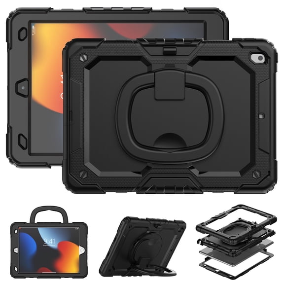 XYX For iPad 9th/8th/7th Generation 10.2 inch Case, 360 Rotating Shockproof Cover with Stand, Handle, Shoulder Strap, Black