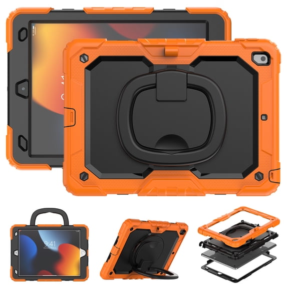 For iPad 9th/8th/7th Generation 10.2 inch Case, 360 Rotating Shockproof Cover with Stand, Handle, Shoulder Strap, Orange