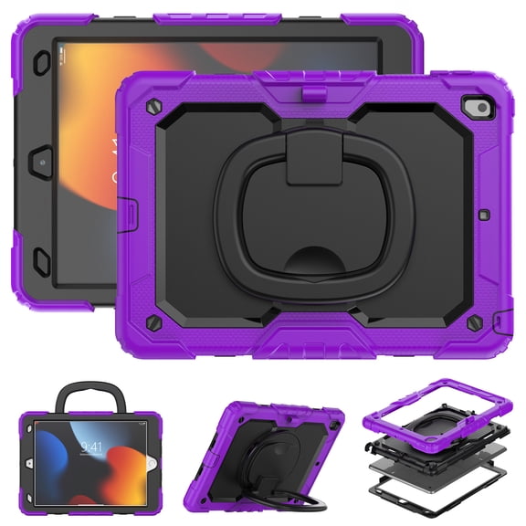 For iPad 9th/8th/7th Generation 10.2 inch Case, 360 Rotating Shockproof Cover with Stand, Handle, Shoulder Strap, Purple