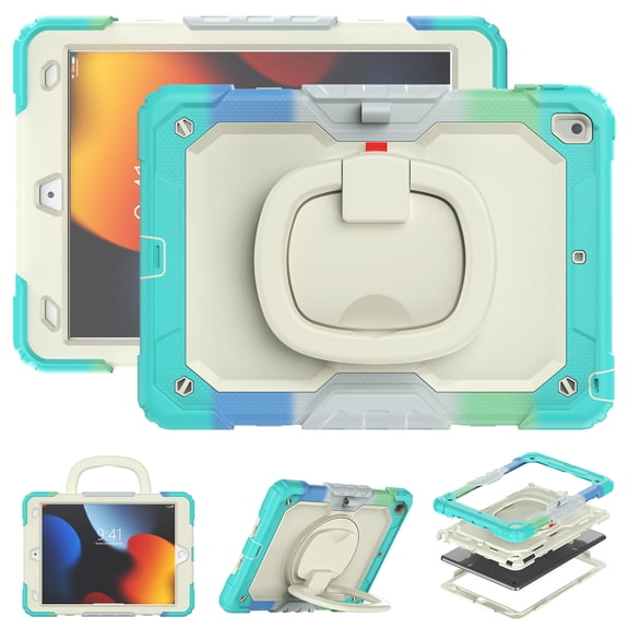 For iPad 9th/8th/7th Generation 10.2 inch Case, 360 Rotating Shockproof Cover with Stand, Handle, Shoulder Strap, Rainbow Blue