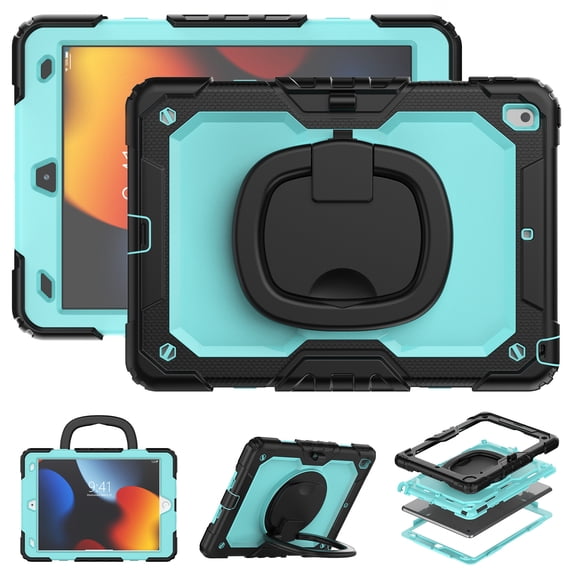 For iPad 9th/8th/7th Generation 10.2 inch Case, 360 Rotating Shockproof Cover with Stand, Handle, Shoulder Strap, Sky Blue Panel