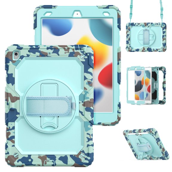 XYX For iPad 9th/8th/7th Generation 10.2 inch Case, 360 Rotating Shockproof Cover with Stand, Screen Protector, Shoulder Strap, Blue Camouflage