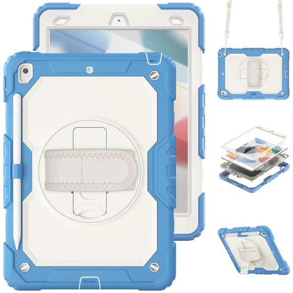 For iPad 9th/8th/7th Generation 10.2 inch Case, 360 Rotating Shockproof Cover with Stand, Screen Protector, Shoulder Strap, Cream Navy