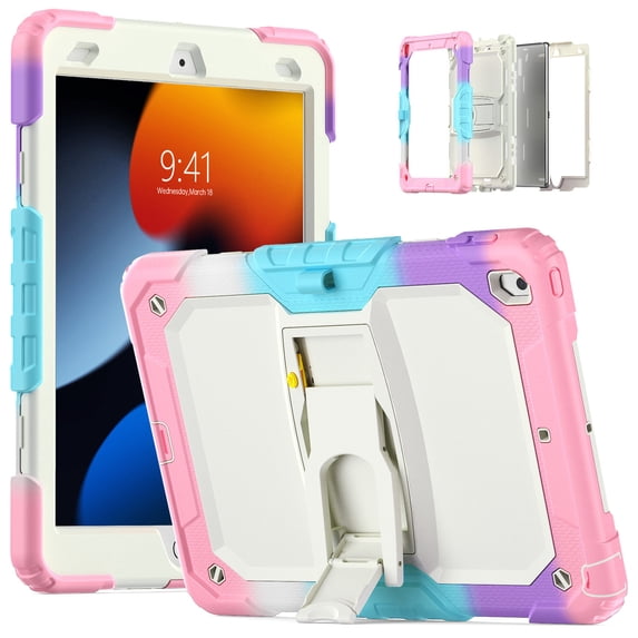 XYX for iPad 9th/8th/7th Generation 10.2 inch Case, 3in1 Heavy Duty Shockproof Tablet Case with Stand, Shoulder Strap, Rainbow Pink