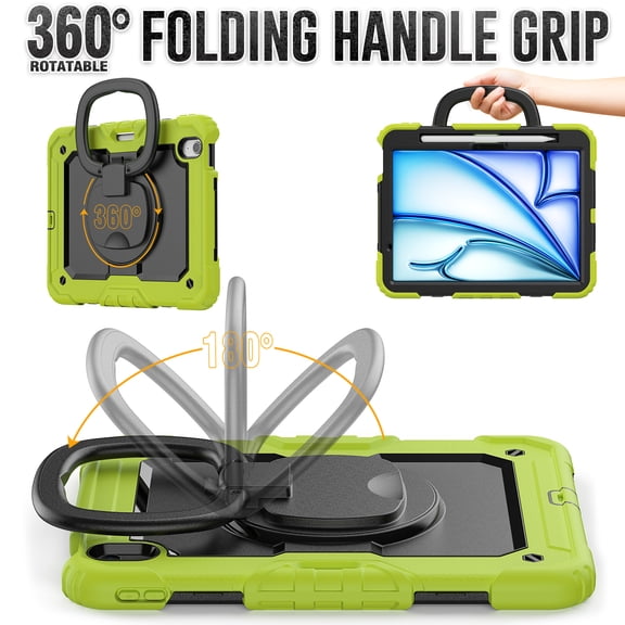 For iPad Air 11 inch (2025 M3/2024 M2) Case, 360 Rotating Shockproof Cover with Stand, Handle, Shoulder Strap, Lime