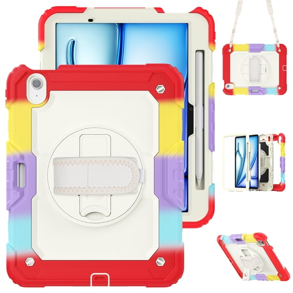 For iPad Air 11 inch (2025 M3/2024 M2) Case, 360 Rotating Shockproof Cover with Stand, Screen Protector, Shoulder Strap, Rainbow Red