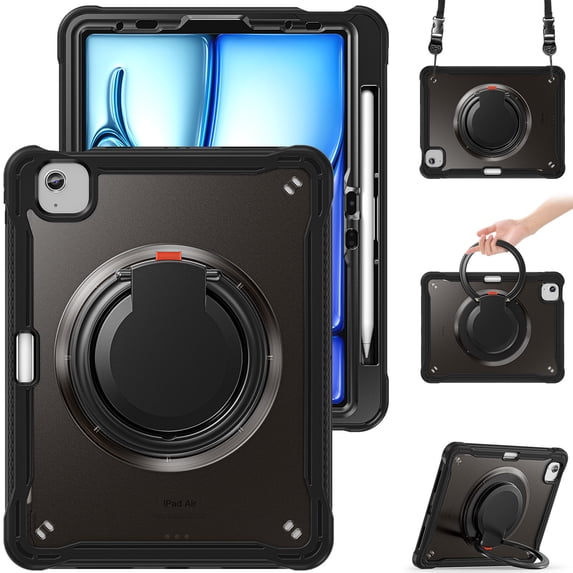 XYX for iPad Air 11 inch Case (M4 2026/M3 2025/M2 2024), 360 Rotating Hand Grip, Shoulder Strap, Heavy Duty Drop Protection, Black
