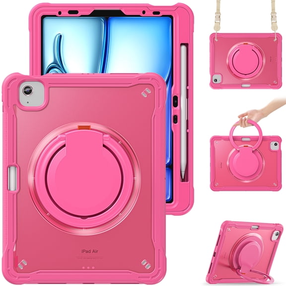 XYX For iPad Air 11 inch Case (2025 M3/2024 M2), 360 Rotating Hand Grip, Shoulder Strap, Heavy Duty Drop Protection, Rose
