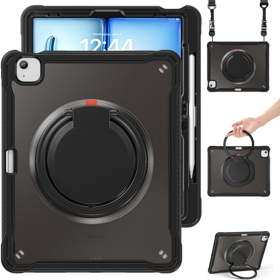 XYX For iPad Air 13 inch Case (2025 M3/2024 M2), 360 Rotating Hand Grip, Shoulder Strap, Heavy Duty Drop Protection, Black