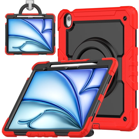 for iPad Air 13 inch Case (2026 M4/2025 M3/2024 M2), 360 Rotating Shockproof Cover with Stand, Handle, Shoulder Strap, Red