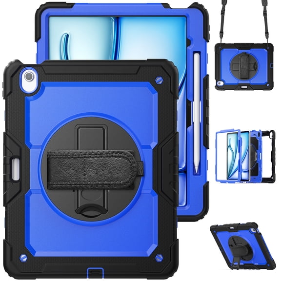 For iPad Air 13 inch Case (2025 M3/2024 M2), 360 Rotating Shockproof Cover with Stand, Screen Protector, Shoulder Strap, Dark Blue PC