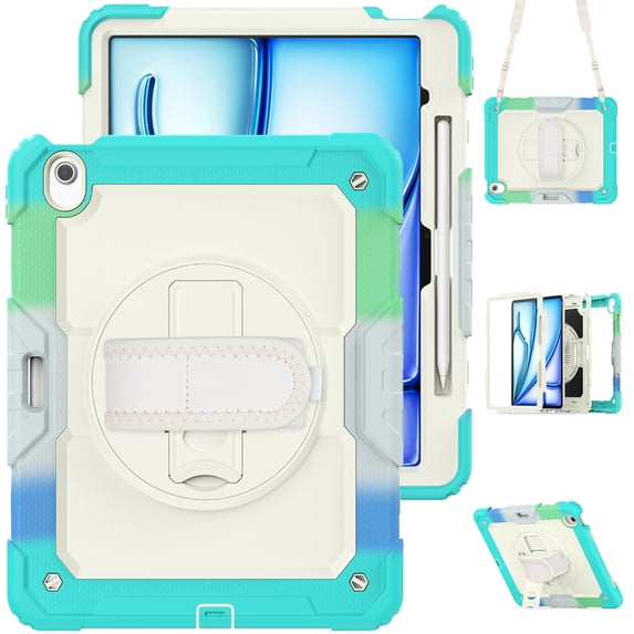 For iPad Air 13 inch Case (2025 M3/2024 M2), 360 Rotating Shockproof Cover with Stand, Screen Protector, Shoulder Strap, Rainbow Blue