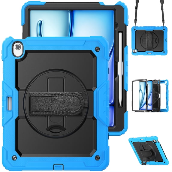 For iPad Air 13 inch Case (2025 M3/2024 M2), 360 Rotating Shockproof Cover with Stand, Screen Protector, Shoulder Strap, Sky Blue