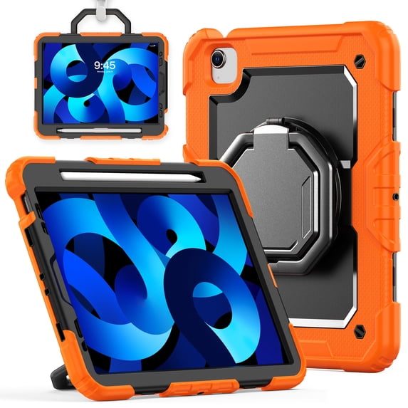 for iPad Air 5th/4th Generation 10.9 inch 2022/2020 Case, 360 Rotating Shockproof Cover with Stand, Handle, Shoulder Strap, Orange