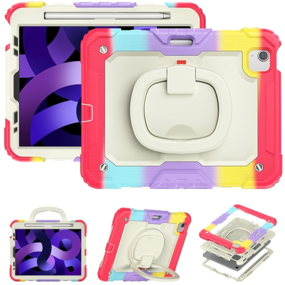 For iPad Air 5th/4th Generation 10.9 inch 2022/2020 Case, 360 Rotating Shockproof Cover with Stand, Handle, Shoulder Strap, Rainbow Red