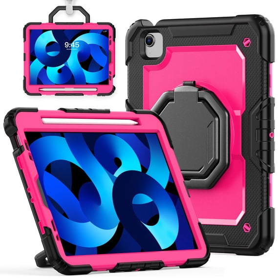 for iPad Air 5th/4th Generation 10.9 inch 2022/2020 Case, 360 Rotating Shockproof Cover with Stand, Handle, Shoulder Strap, Rose Panel