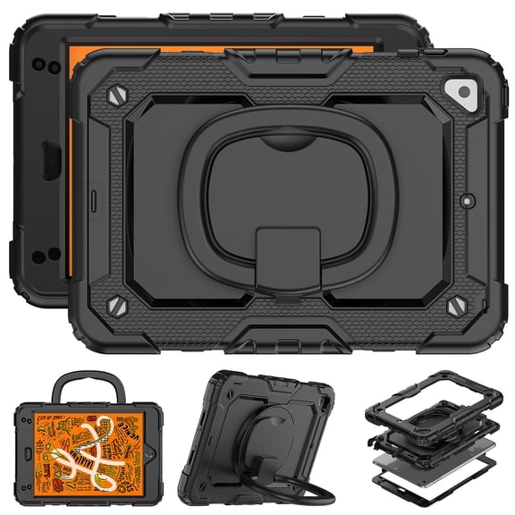 For iPad Mini 5th/4th Generation Case 7.9 inch 2019/2015, 360 Rotating Shockproof Cover with Stand, Handle, Shoulder Strap, Black