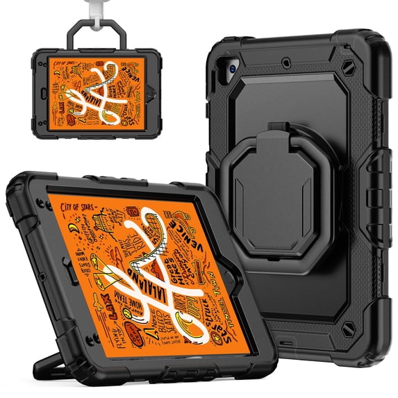 for iPad Mini 5th/4th Generation Case 7.9 inch 2019/2015, 360 Rotating Shockproof Cover with Stand, Handle, Shoulder Strap, Black