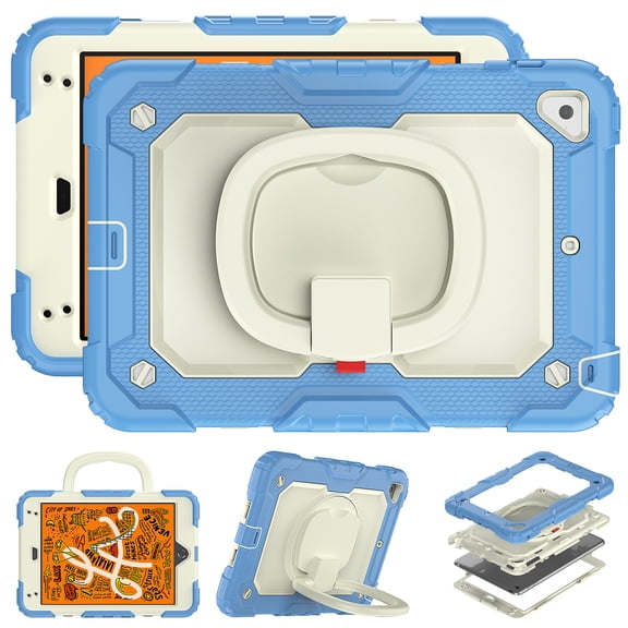 For iPad Mini 5th/4th Generation Case 7.9 inch 2019/2015, 360 Rotating Shockproof Cover with Stand, Handle, Shoulder Strap, Cream Navy