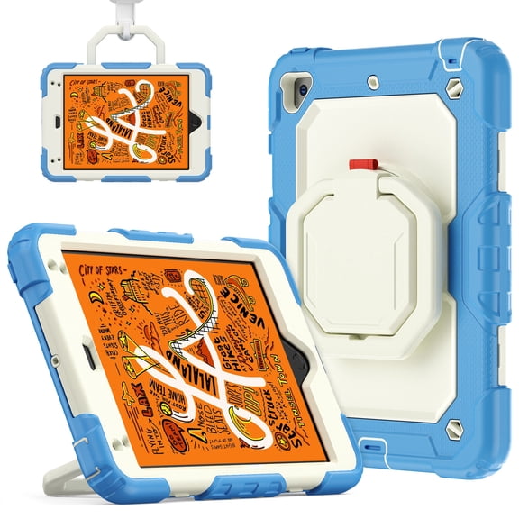 for iPad Mini 5th/4th Generation Case 7.9 inch 2019/2015, 360 Rotating Shockproof Cover with Stand, Handle, Shoulder Strap, Cream Navy