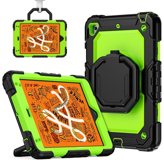 for iPad Mini 5th/4th Generation Case 7.9 inch 2019/2015, 360 Rotating Shockproof Cover with Stand, Handle, Shoulder Strap, Lime Panel