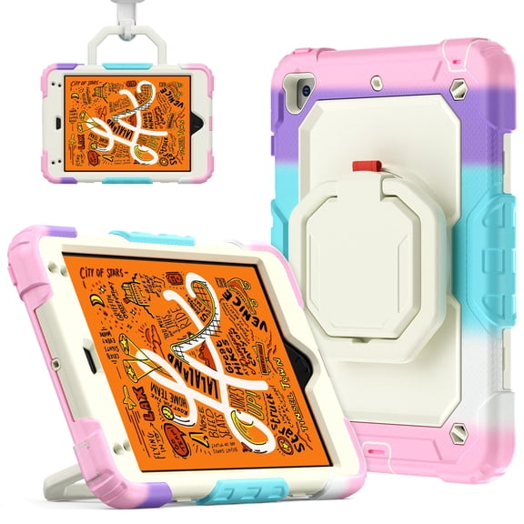 for iPad Mini 5th/4th Generation Case 7.9 inch 2019/2015, 360 Rotating Shockproof Cover with Stand, Handle, Shoulder Strap, Rainbow Pink