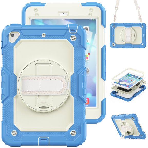 For iPad Mini 5th/4th Generation Case 7.9 inch 2019/2015, 360 Rotating Shockproof Cover with Stand, Screen Protector, Shoulder Strap, Cream Navy