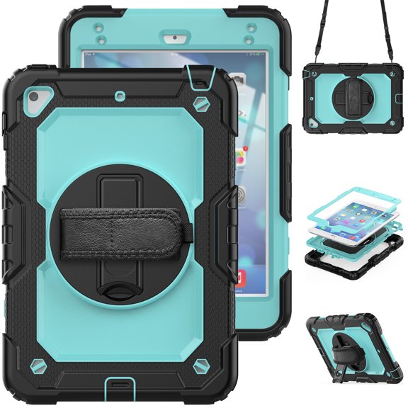 For iPad Mini 5th/4th Generation Case 7.9 inch 2019/2015, 360 Rotating Shockproof Cover with Stand, Screen Protector, Shoulder Strap, Sky Blue PC
