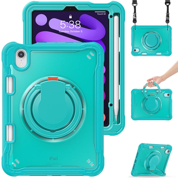 XYX for iPad Mini 7th/6th Gen Case 8.3 inch 2024/2021, 360 Rotating Hand Grip, Shoulder Strap, Heavy Duty Drop Protection, Blue