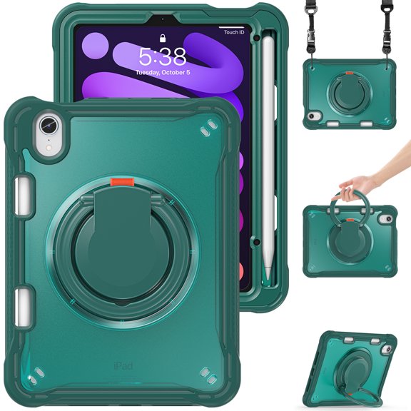 XYX For iPad Mini 7th/6th Gen Case 8.3 inch 2024/2021, 360 Rotating Hand Grip, Shoulder Strap, Heavy Duty Drop Protection, Green