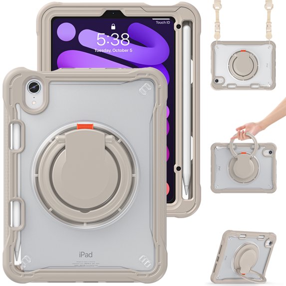 XYX For iPad Mini 7th/6th Gen Case 8.3 inch 2024/2021, 360 Rotating Hand Grip, Shoulder Strap, Heavy Duty Drop Protection, Khaki