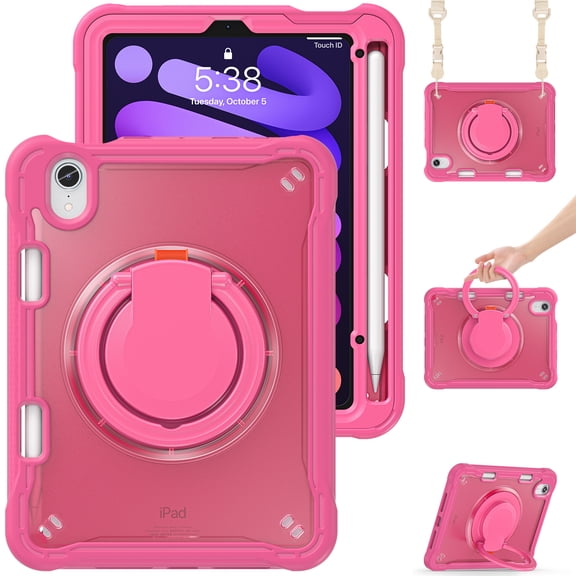 XYX For iPad Mini 7th/6th Gen Case 8.3 inch 2024/2021, 360 Rotating Hand Grip, Shoulder Strap, Heavy Duty Drop Protection, Rose