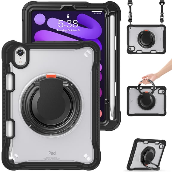 XYX For iPad Mini 7th/6th Gen Case 8.3 inch 2024/2021, 360 Rotating Hand Grip, Shoulder Strap, Heavy Duty Drop Protection, Transparent