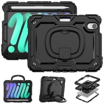 For iPad Mini 7th/6th Generation Case 8.3 inch 2024/2021, 360 Rotating Shockproof Cover with Stand, Handle, Shoulder Strap, Black