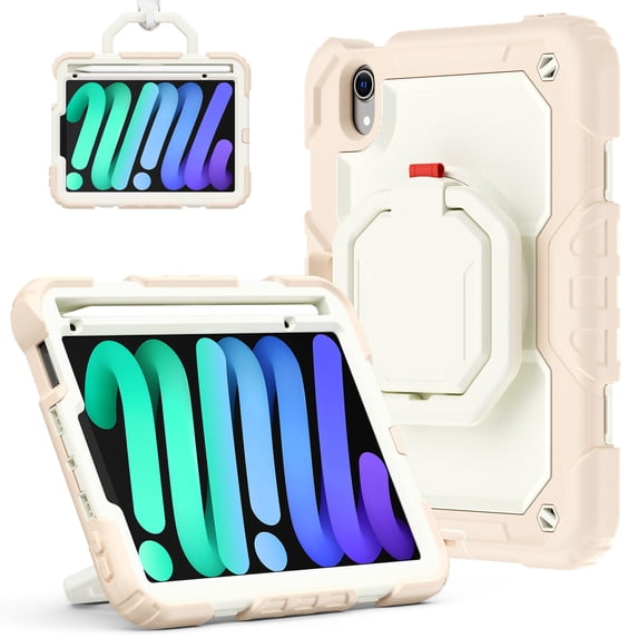 for iPad Mini 7th/6th Generation Case 8.3 inch 2024/2021, 360 Rotating Shockproof Cover with Stand, Handle, Shoulder Strap, Cream Rose Gold
